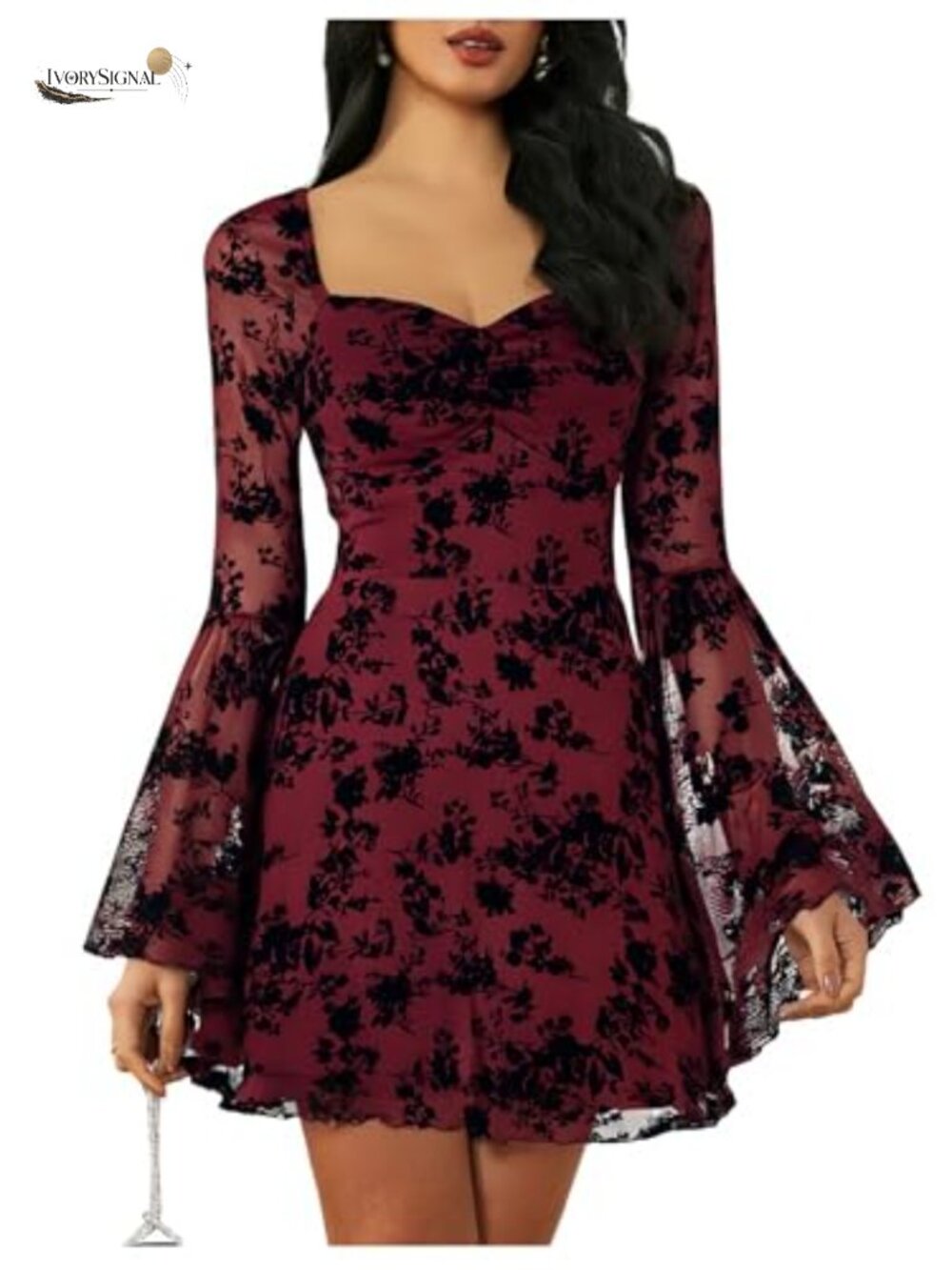 Floral Jacquard Mesh Gothic A-Line Dress Long Flared Sleeve